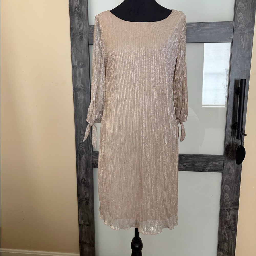 Connected Apparel Shimmering Beige Long Sleeve Dress
